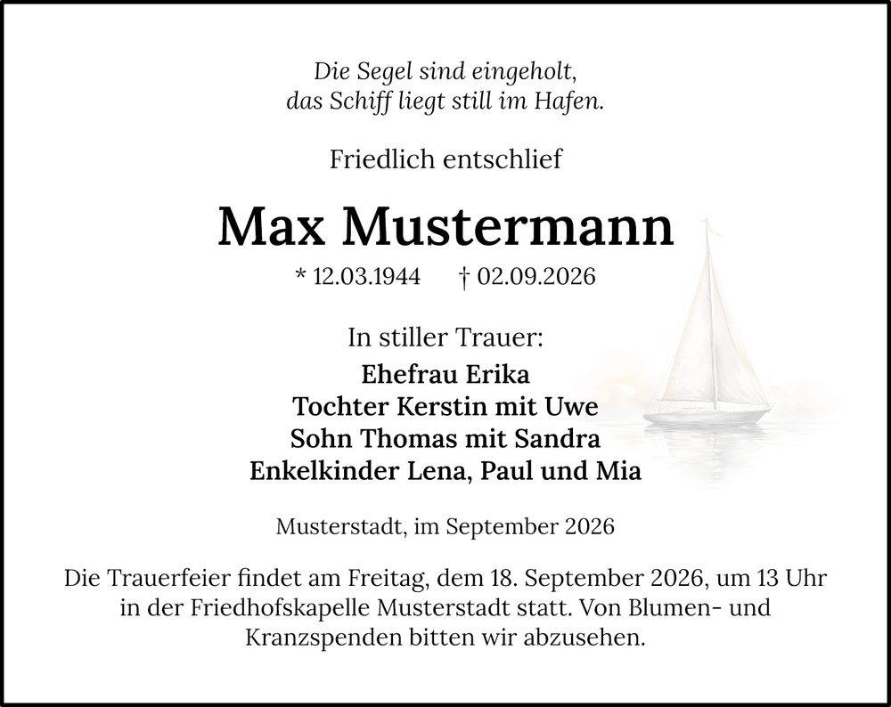Beispiel-Traueranzeige mit Segelboot-Aquarell und dem Spruch: Die Segel sind eingeholt, das Schiff liegt still im Hafen